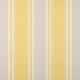 Detail of fabric in a classic stripe print in yellow and gray on a cream field.