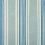 Detail of fabric in a classic stripe print in blue and turquoise on a cream field.