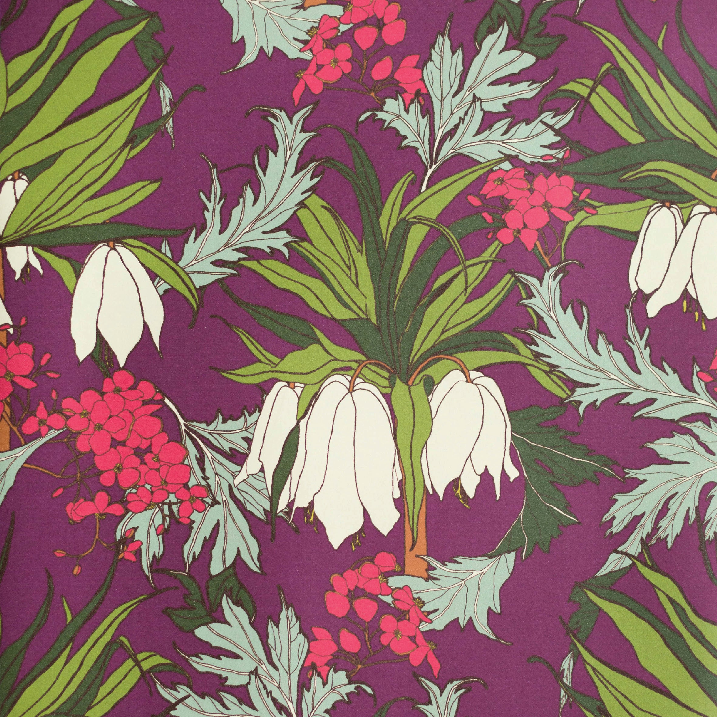 Detail of wallpaper in a dense floral print in shades of white, pink and green on a purple field.