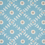 Detail of fabric in a flower and leaf lattice print in gray and white on a blue field.