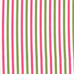 Detail of fabric in a small-scale stripe print in green and fuchsia on a white field.