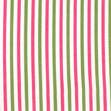 Detail of fabric in a small-scale stripe print in green and fuchsia on a white field.
