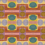 Close up of printed wallpaper with a complex geometric and striped pattern with pink, orange, turquoise and red