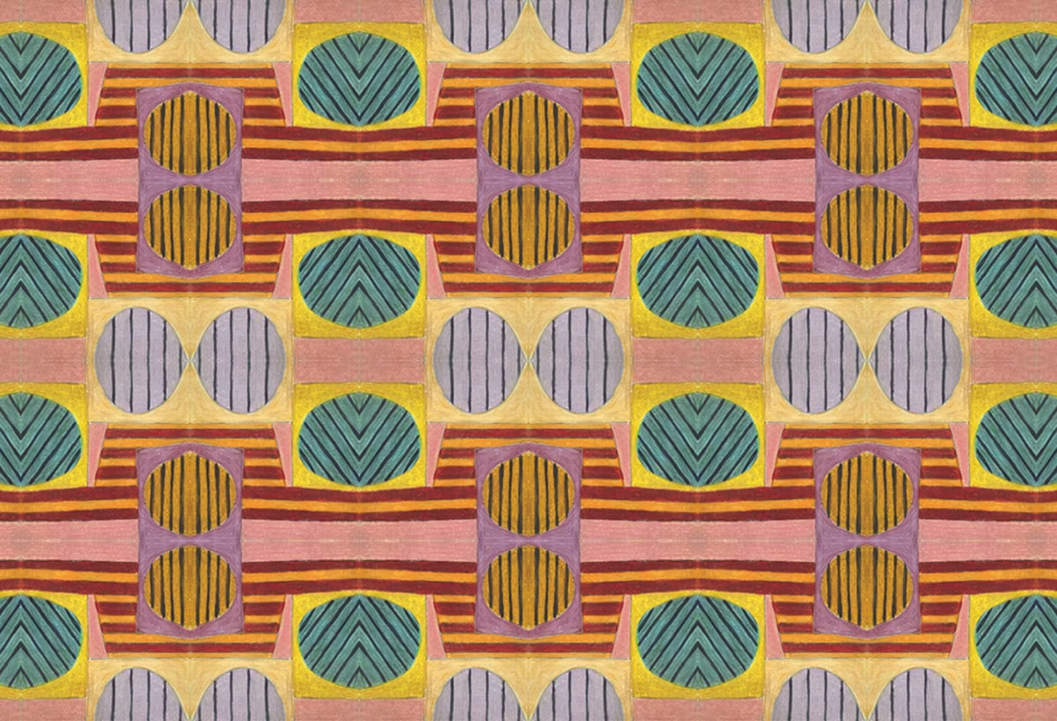 Close up of printed wallpaper with a complex geometric and striped pattern with pink, orange, turquoise and red
