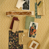 Moodboard with layered swatches of fabrics and inspiration images in palette of yellow, green and brown. 