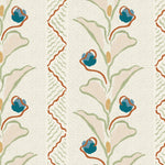 Wallpaper detail in a painterly botanical stripe pattern in sage green and pastel pink with accents of blue and red on a cream field. 
