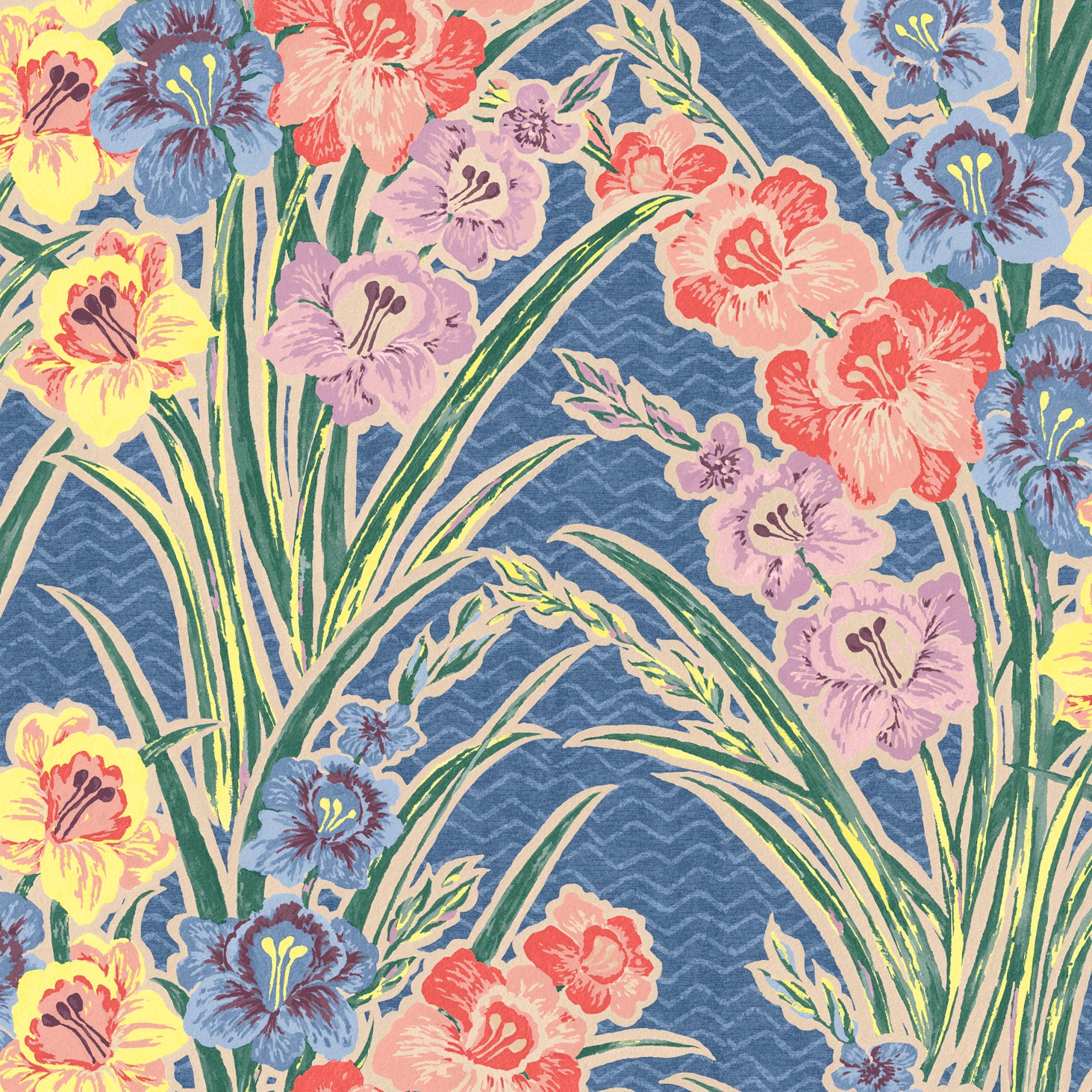 Detail of wallpaper in a large-scale floral pattern in a rainbow of pastels on a blue field.