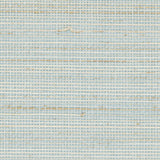 Detail of a grasscloth wallpaper panel with a textured weave in shades of pastel, blue and turquoise.