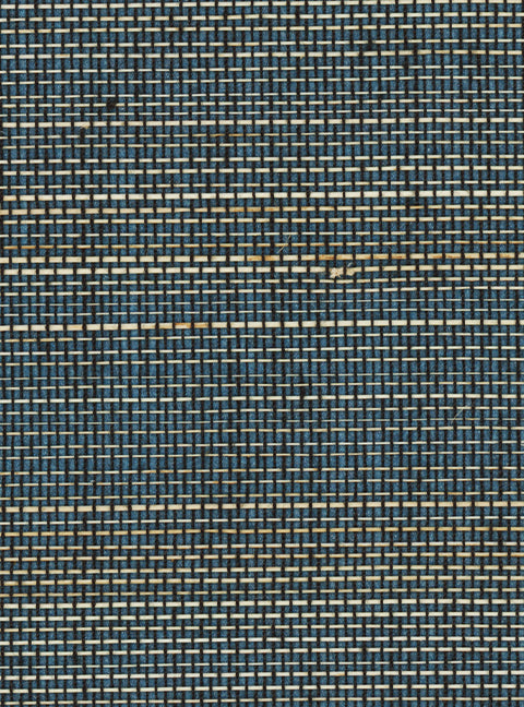 Detail of a grasscloth wallpaper panel with a textured weave in shades of green, cream and turquoise.