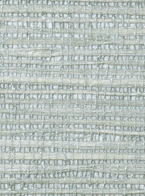Detail of a metallic-rubbed jute grasscloth wallpaper in blue pastel on a pearlized paper.