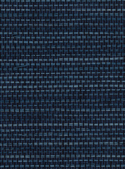 Detail of a sisal grasscloth wallpaper in shades of blue on a paper backing.
