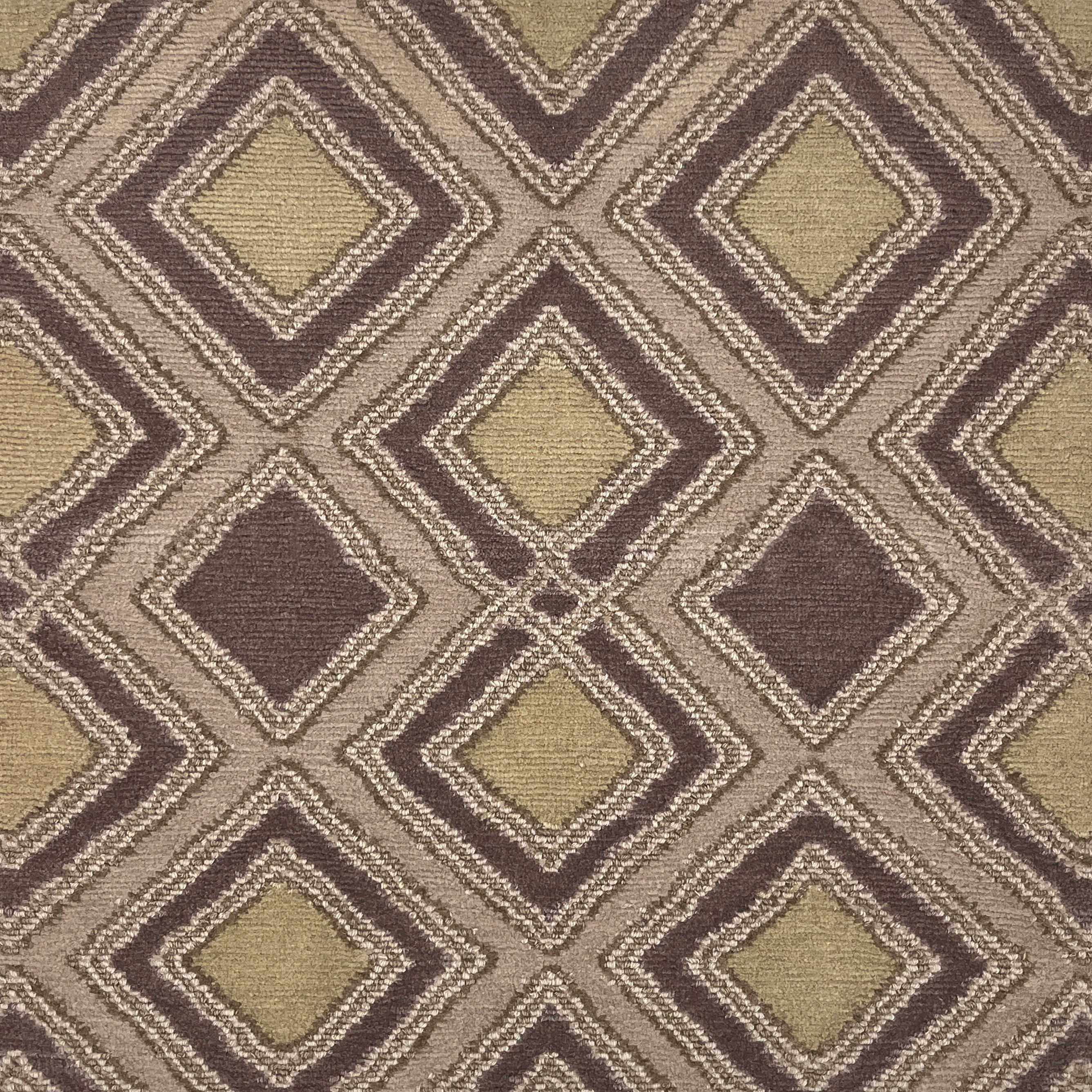 Handknotted rug in a diamond pattern in dark and light grey, on a tan field. 
