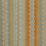 Handwoven silk fabric with wavy lines in orange, yellow, sage green and white. 