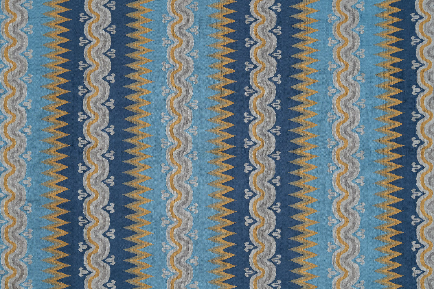 Handwoven silk fabric with wavy lines in blue, yellow, and gray.