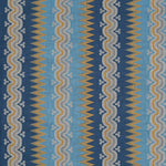 Handwoven silk fabric with wavy lines in blue, yellow, and gray.