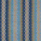 Handwoven silk fabric with wavy lines in blue, yellow, and gray.