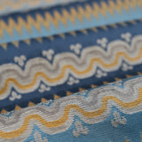 Close-up of fabric with blue, yellow, and white wavy stripe pattern