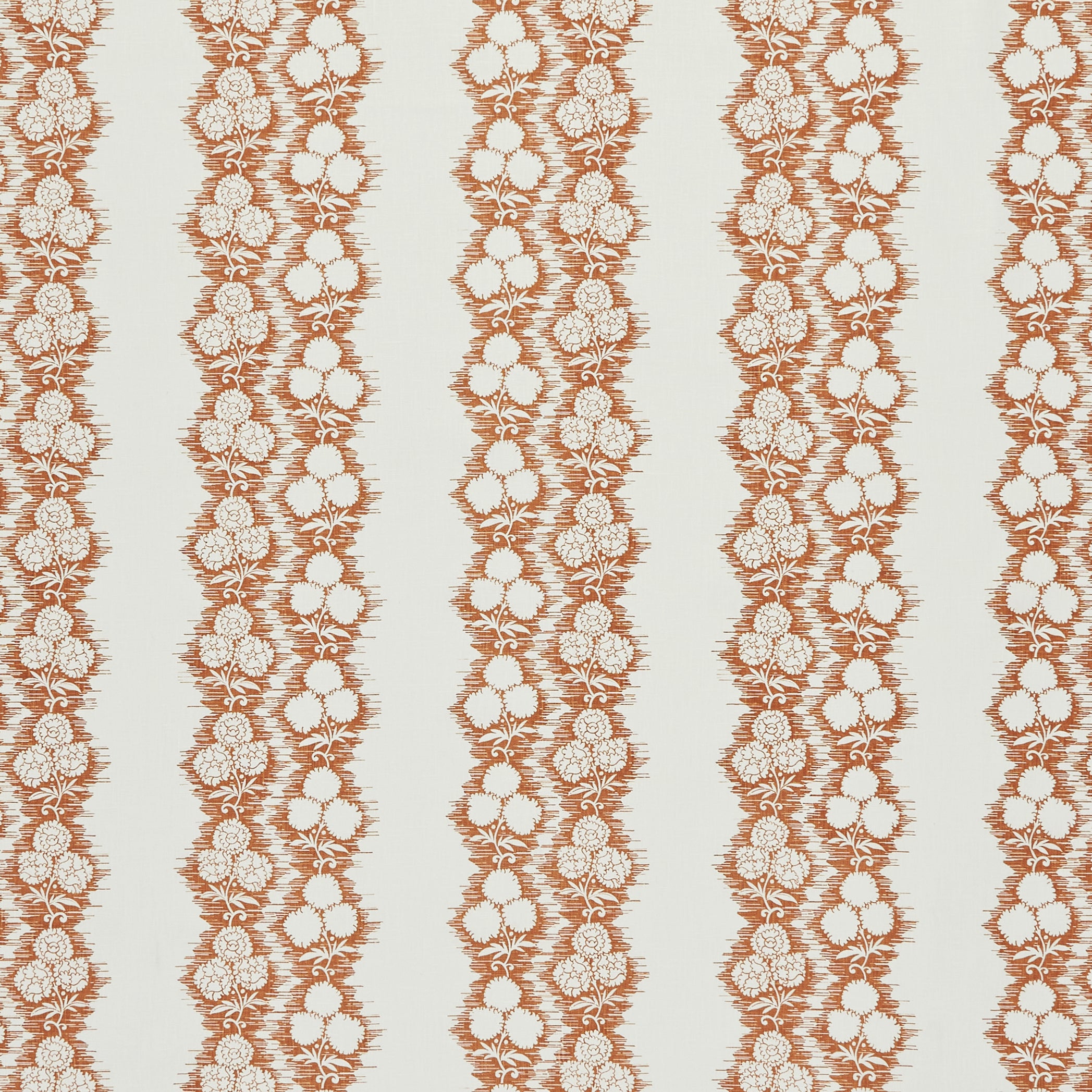 Fabric in a botanical stripe print in sienna on a white field.