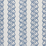Fabric in a botanical stripe print in blue on a white field.