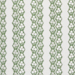 Fabric in a botanical stripe print in green on a white field.