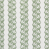 Fabric in a botanical stripe print in green on a white field.