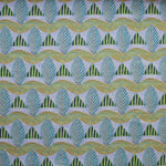 A close-up of a patterned fabric featuring repeating rows of stylized green leaves and wavy olive-yellow lines, striped blue and green triangles on a pale purple background.