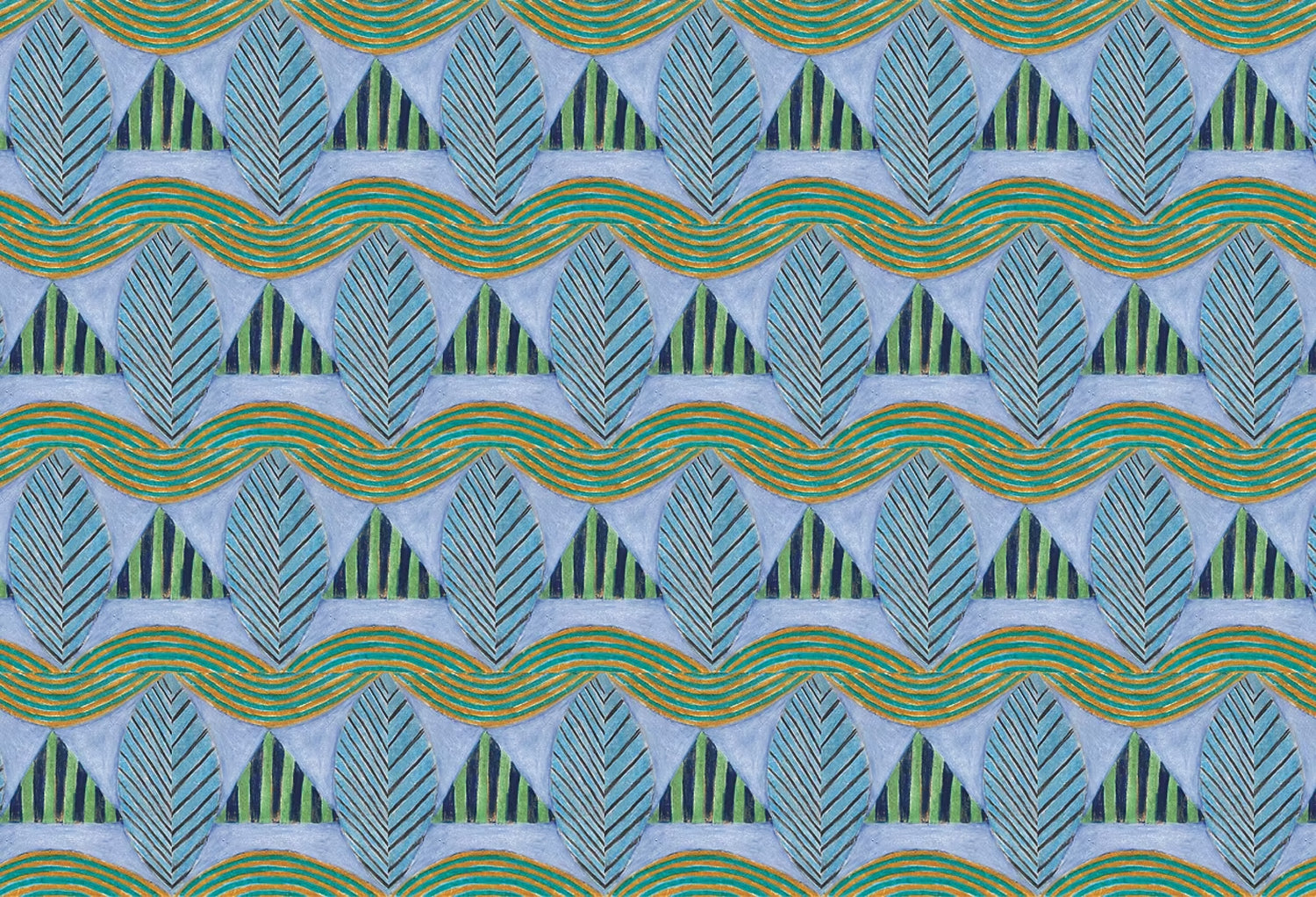 A close-up of a patterned wallpaper featuring repeating rows of stylized green leaves and wavy olive-yellow lines, striped blue and green triangles on a pale purple background.