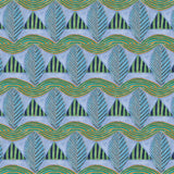 A close-up of a patterned wallpaper featuring repeating rows of stylized green leaves and wavy olive-yellow lines, striped blue and green triangles on a pale purple background.