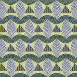 A close-up of a patterned wallpaper featuring repeating rows of stylized grey leaves, blue and yellow stripe triangles and wavy blue-yellow lines on yellow background.