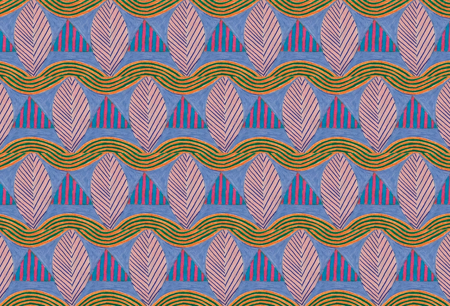 A close-up of a patterned wallpaper featuring repeating rows of stylized pink leaves, blue and red striped triangles and wavy orange-green lines on a blue background
