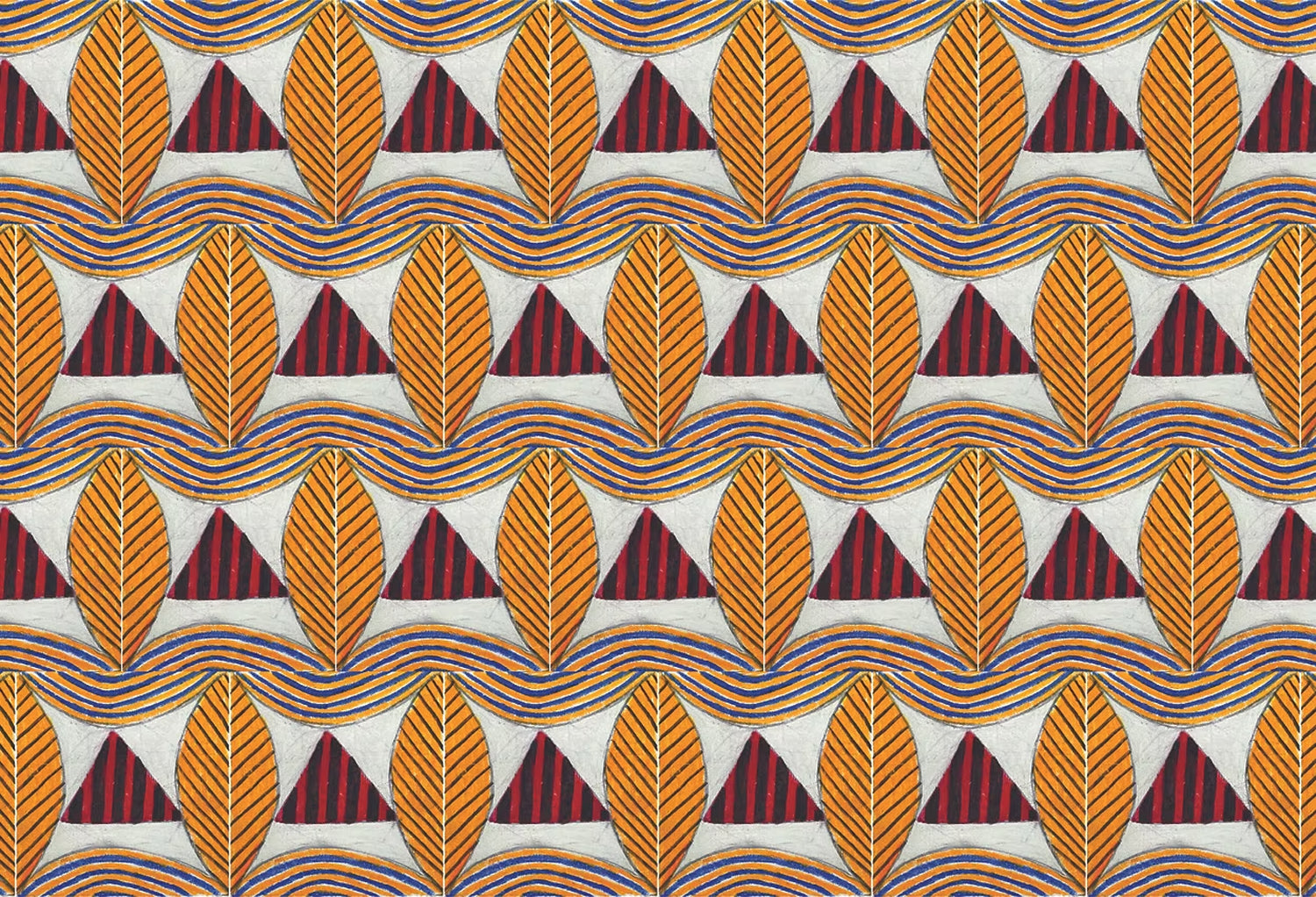A close-up of a patterned wallpaper featuring repeating rows of stylized orange leaves, navy and red striped triangles and wavy orange-blue lines on a white background