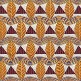 A close-up of a patterned wallpaper featuring repeating rows of stylized orange leaves, navy and red striped triangles and wavy orange-blue lines on a white background