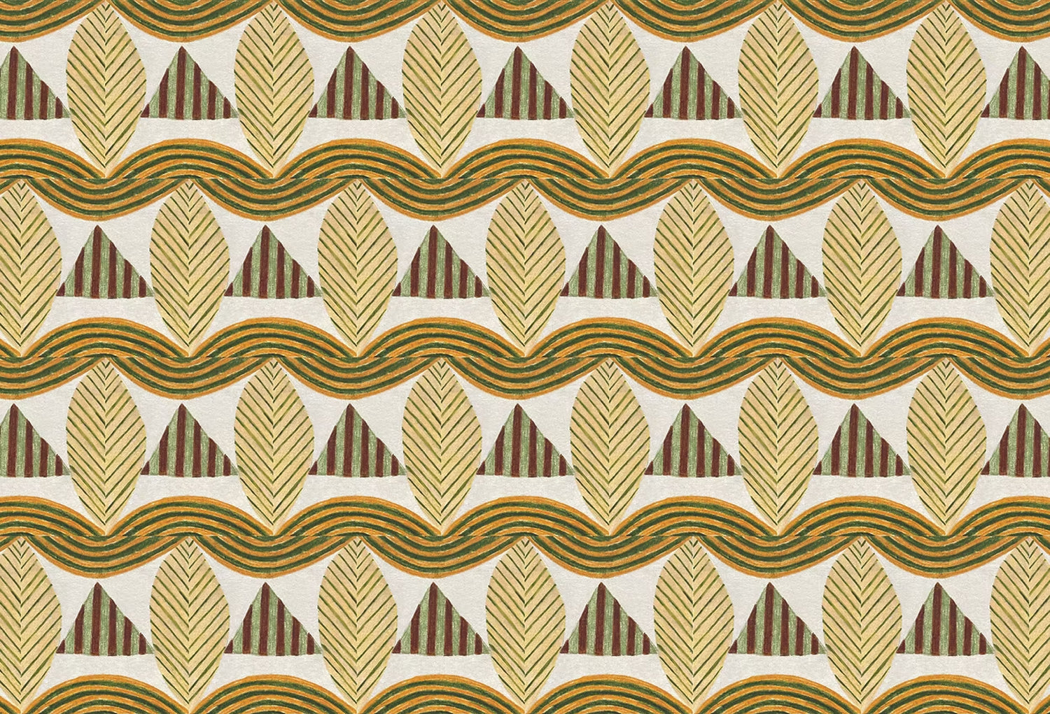 A close-up of a patterned wallpaper featuring repeating rows of stylized tan leaves, brown and green striped triangles and wavy tan-green lines on a white background
