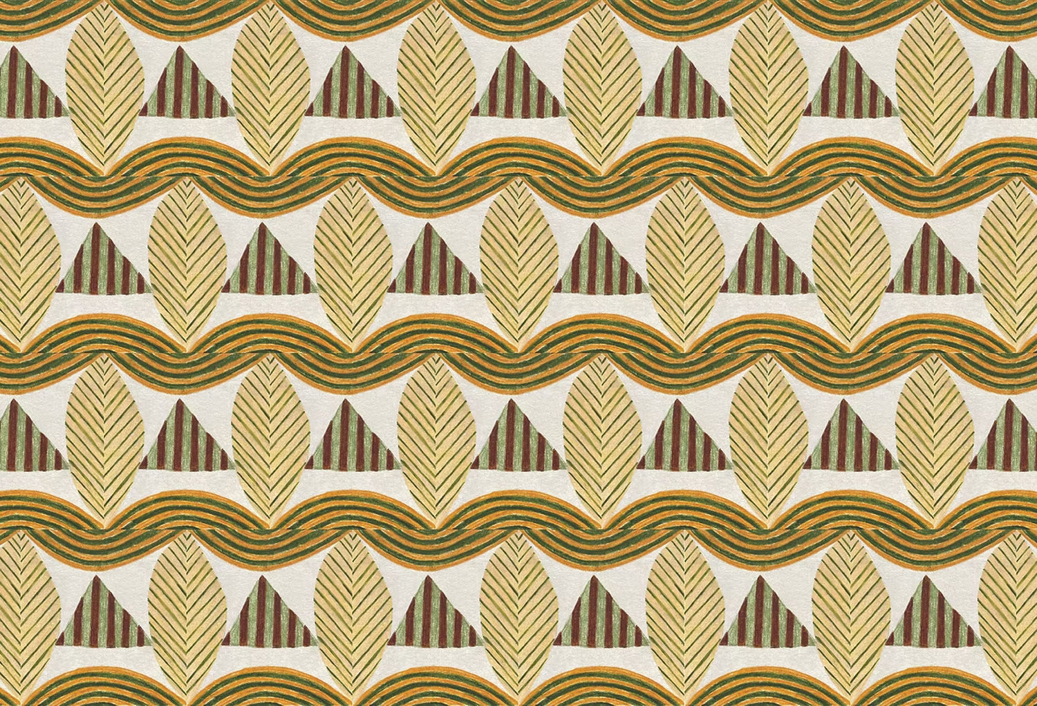 A close-up of a patterned wallpaper featuring repeating rows of stylized tan leaves, brown and green striped triangles and wavy tan-green lines on a white background