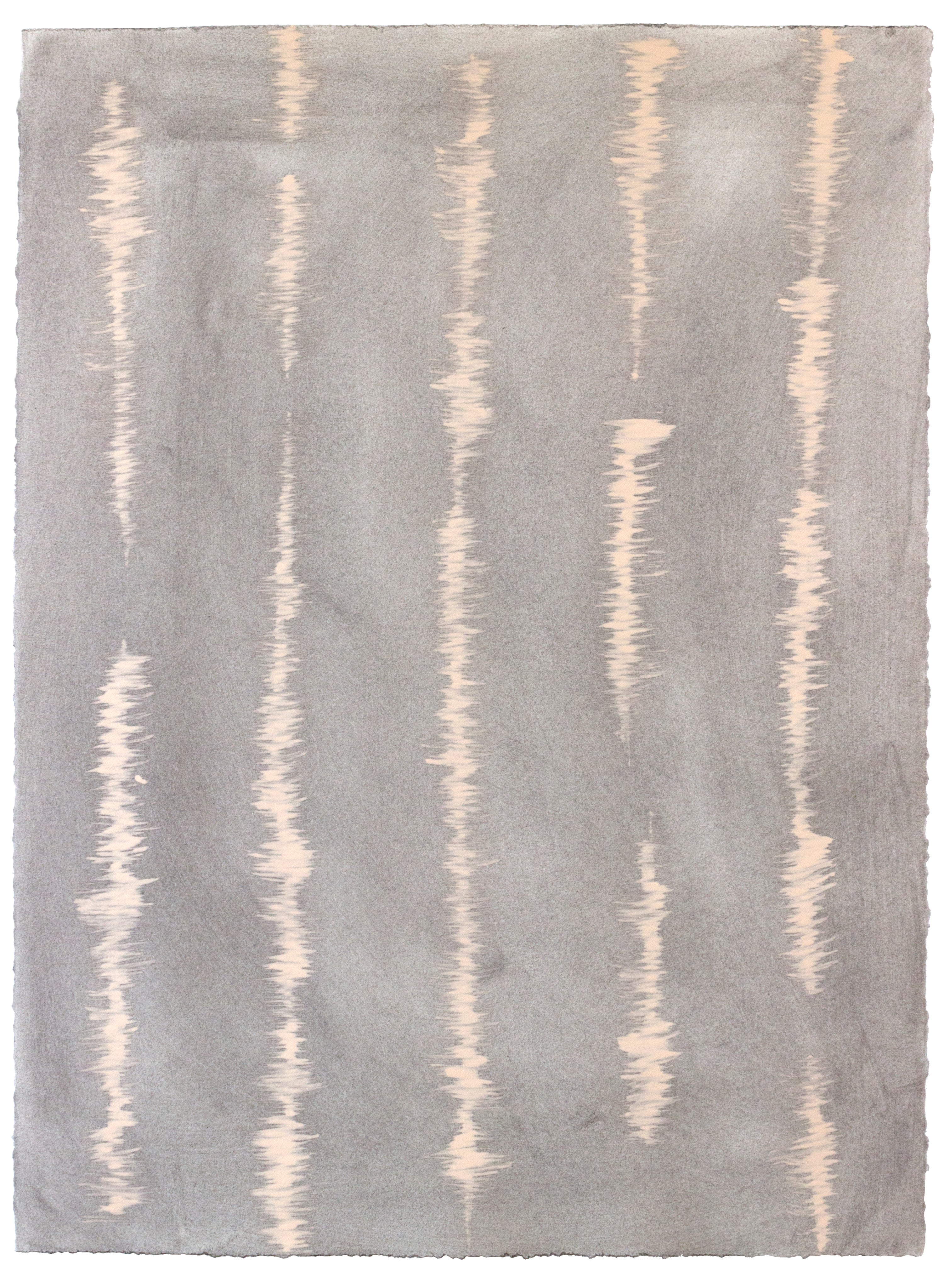Sheet of hand-painted wallpaper with an irregular vibrating linear pattern in peach on a greige field.