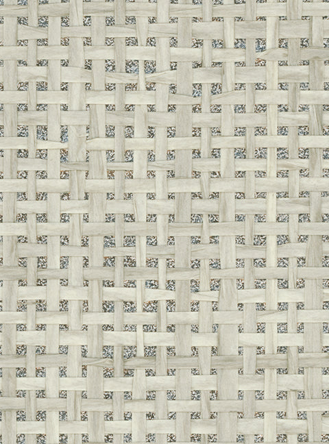 Detail of a paperweave grasscloth wallpaper in cream on a metallic paper backing.