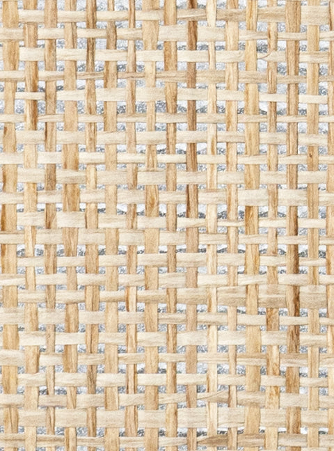 Detail of a paperweave grasscloth wallpaper in tan on a metallic paper backing.
