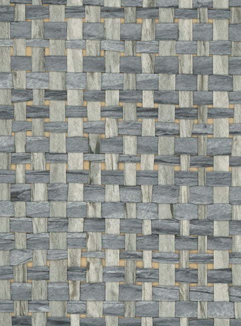 Detail of a paperweave grasscloth wallpaper in blue-gray on a tan paper backing.