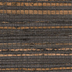 Detail of a jute grasscloth wallpaper in shades of black and brown on a paper backing.