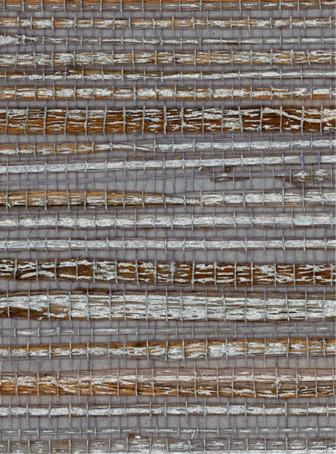 Detail of a metallic-rubbed jute grasscloth wallpaper in gray and tan with a paper backing.