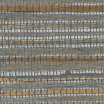 Detail of a jute grasscloth wallpaper in shades of gray and tan on a glossy metallic paper.