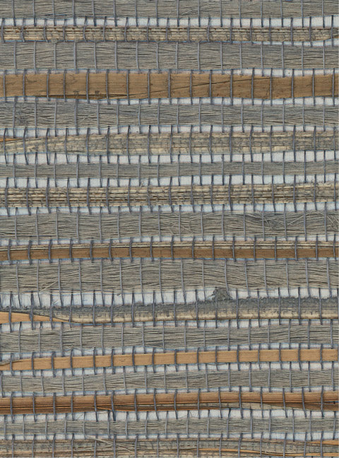 Detail of a jute grasscloth wallpaper in shades of gray and tan on a glossy metallic paper.