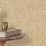 End table with a phone, book and owl sculpture in front of a wall covered in paperweave grasscloth in mottled tan.