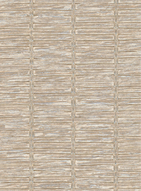 Detail of a metallic-rubbed paperweave grasscloth wallpaper in tan.