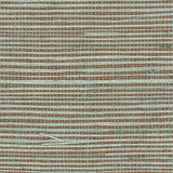 Detail of a sisal grasscloth wallpaper in pastel blue on a brown paper backing.