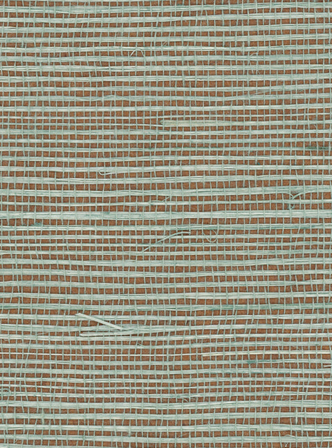 Detail of a sisal grasscloth wallpaper in pastel blue on a brown paper backing.