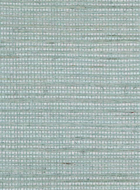 Detail of a sisal grasscloth wallpaper in pastel blue on a white paper backing.