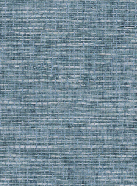Detail of a sisal grasscloth wallpaper in mottled blue on a paper backing.