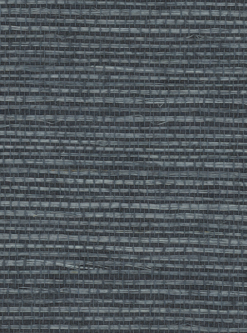Detail of a sisal grasscloth wallpaper in blue on a navy paper backing.