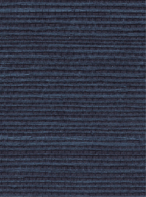 Detail of a sisal grasscloth wallpaper in mottled blue on a navy paper backing.